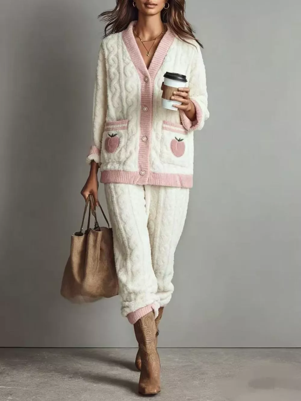 Peach Fleece Contrast Trim Top and Pants Lounge Set