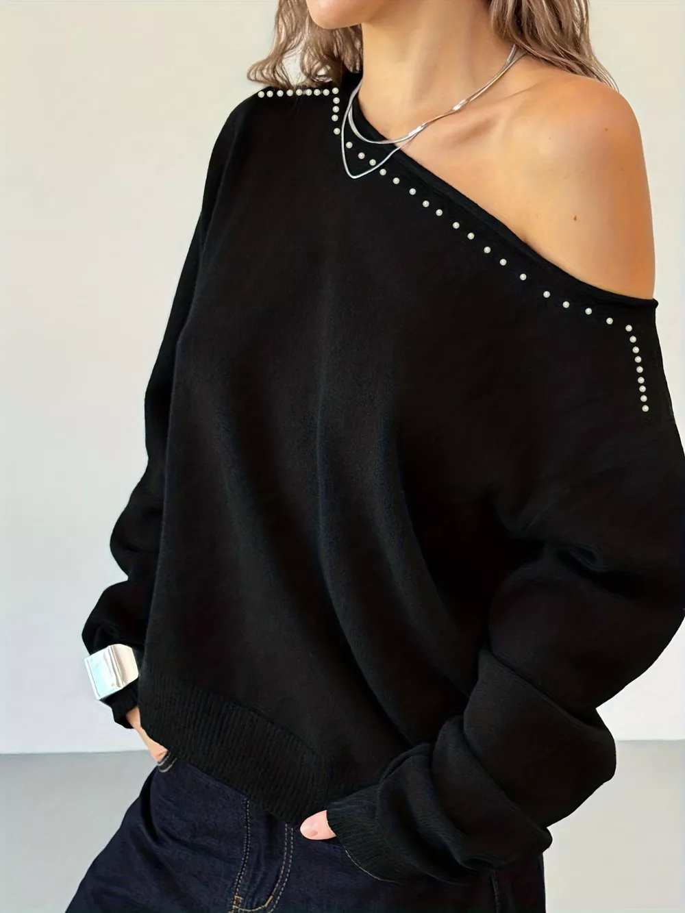 Studded Single Shoulder Knit Top, image 4