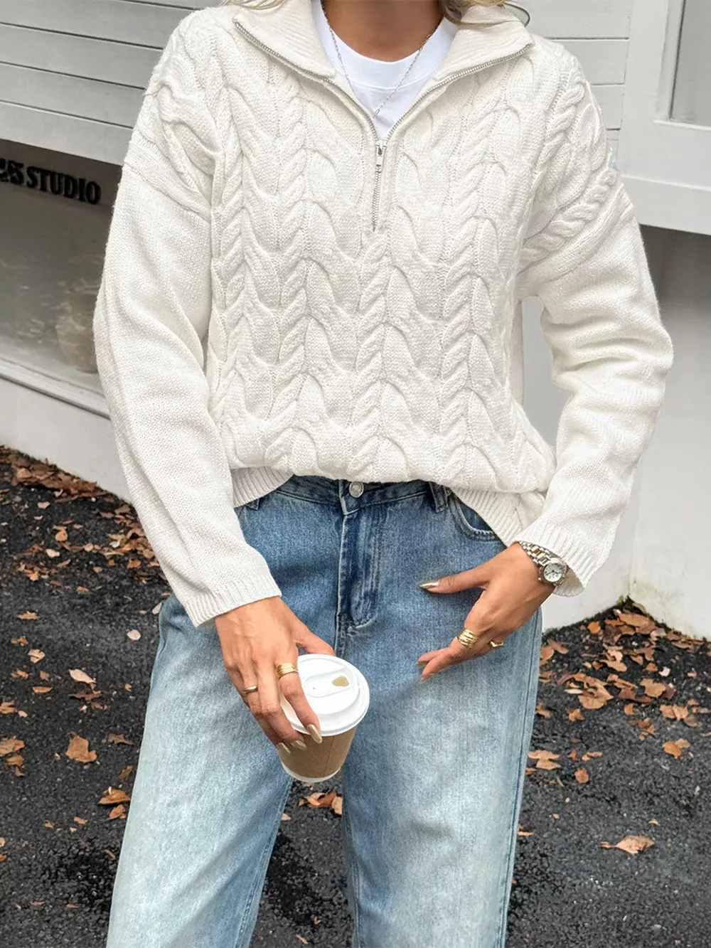 Zip Collar Cable-Knit Sweater, image 4