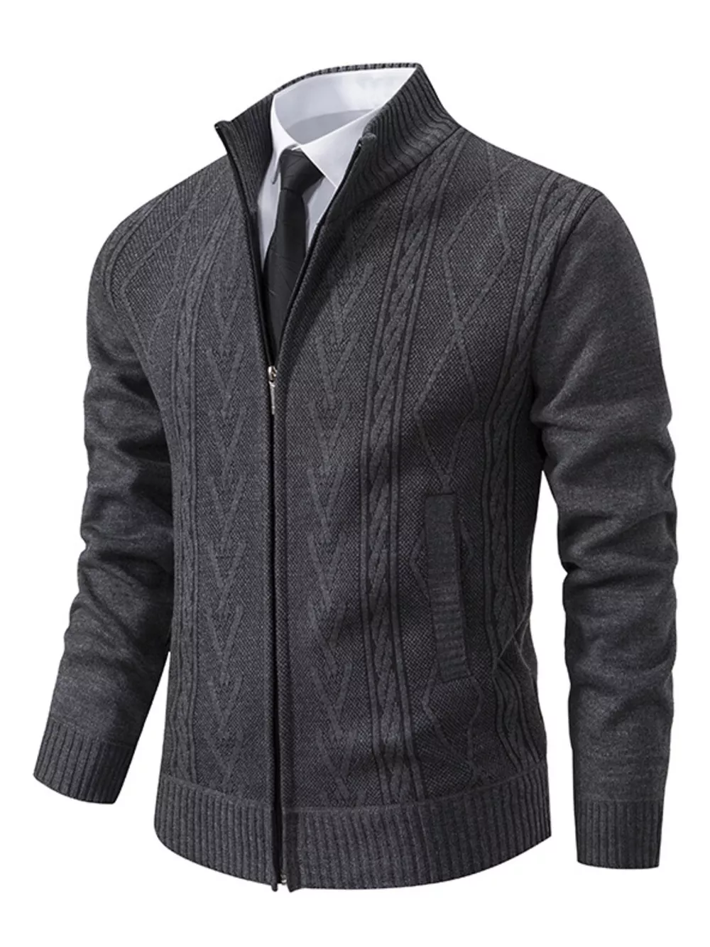 Men's Plus Size Stand-Collar Full-Zip Cable Knit Cardigan, image 6