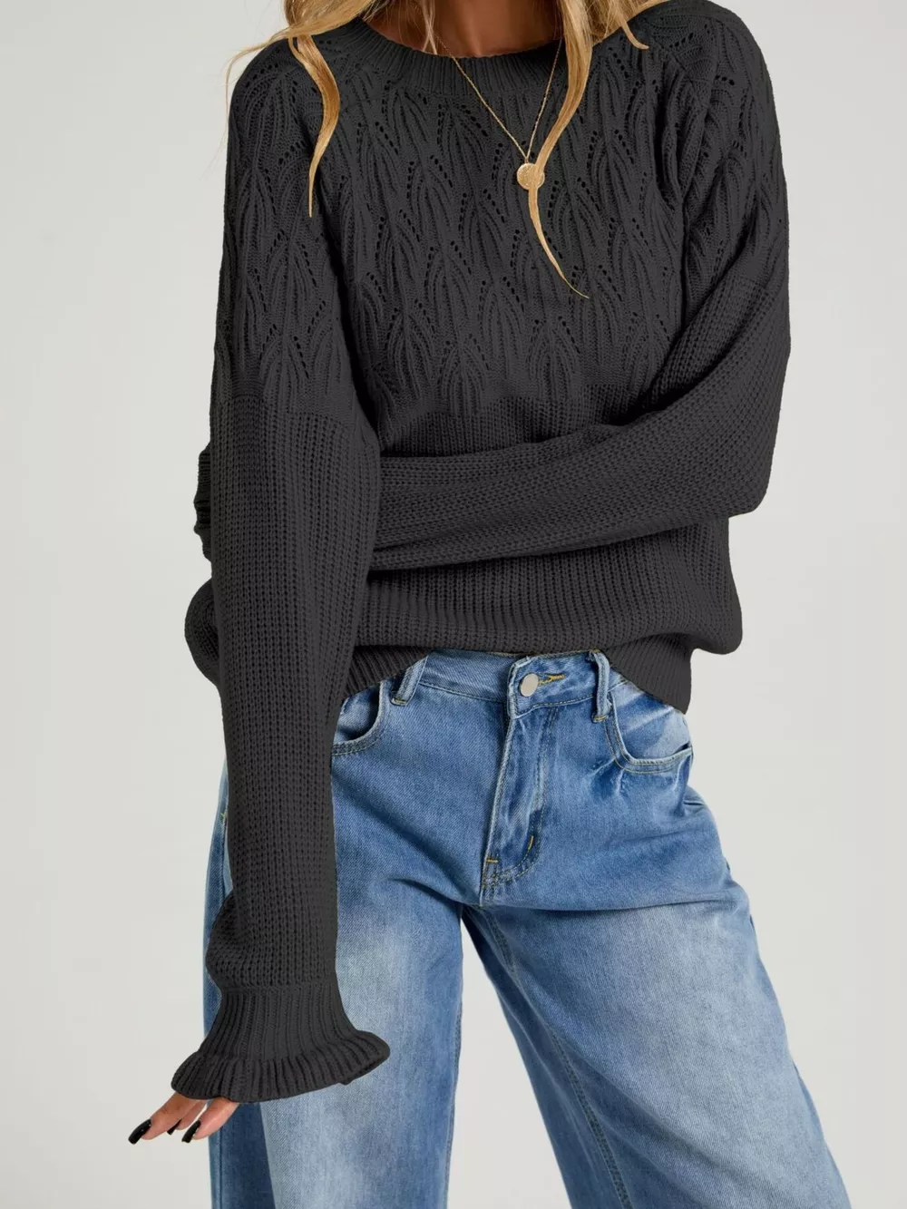 Pointelle Knit Round Neck Sweater, image 7
