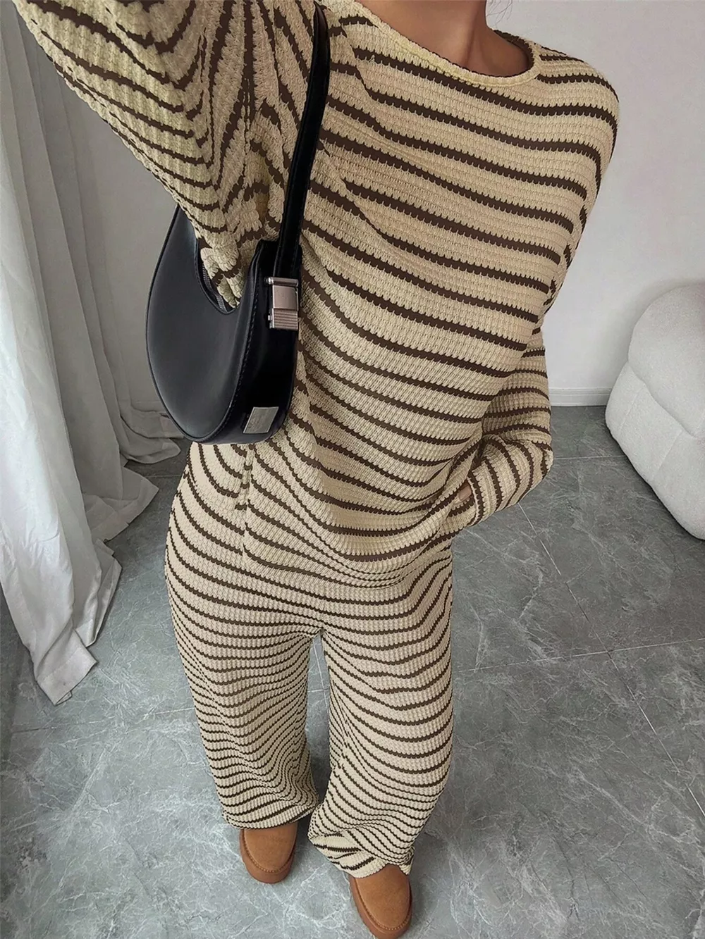 Striped Knit Dropped Shoulder Top and Pants Set, image 9