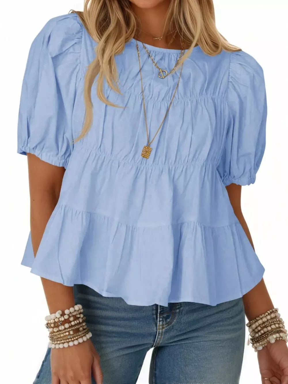 Ruched Tiered Puff Sleeve Blouse, image 14