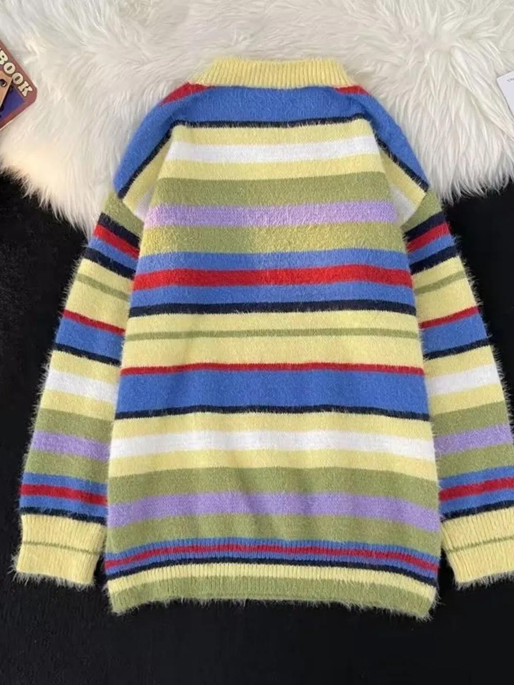 Men's Striped Fuzzy Knit Round Neck Sweater, image 3