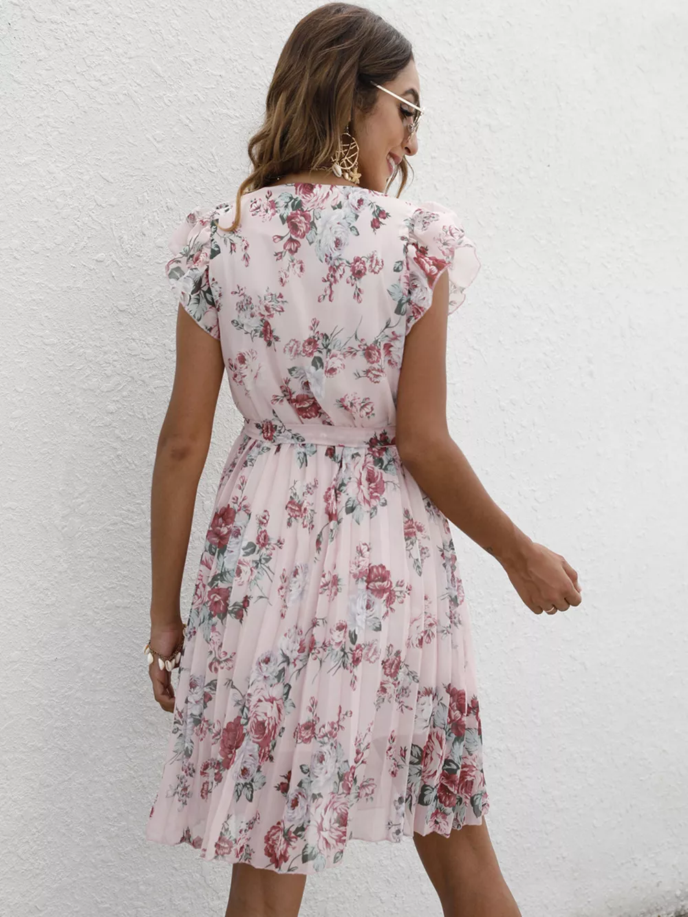 Pleated Floral Print Ruffle Sleeve Dress, image 2