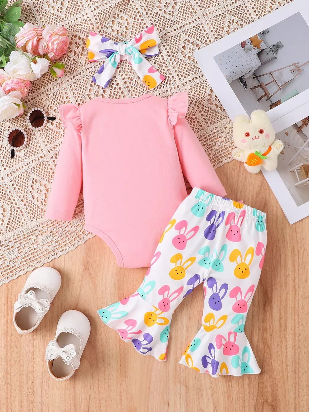 Children's Letter Ruffled Trim Bodysuit and Pants Set with Headband, image 6