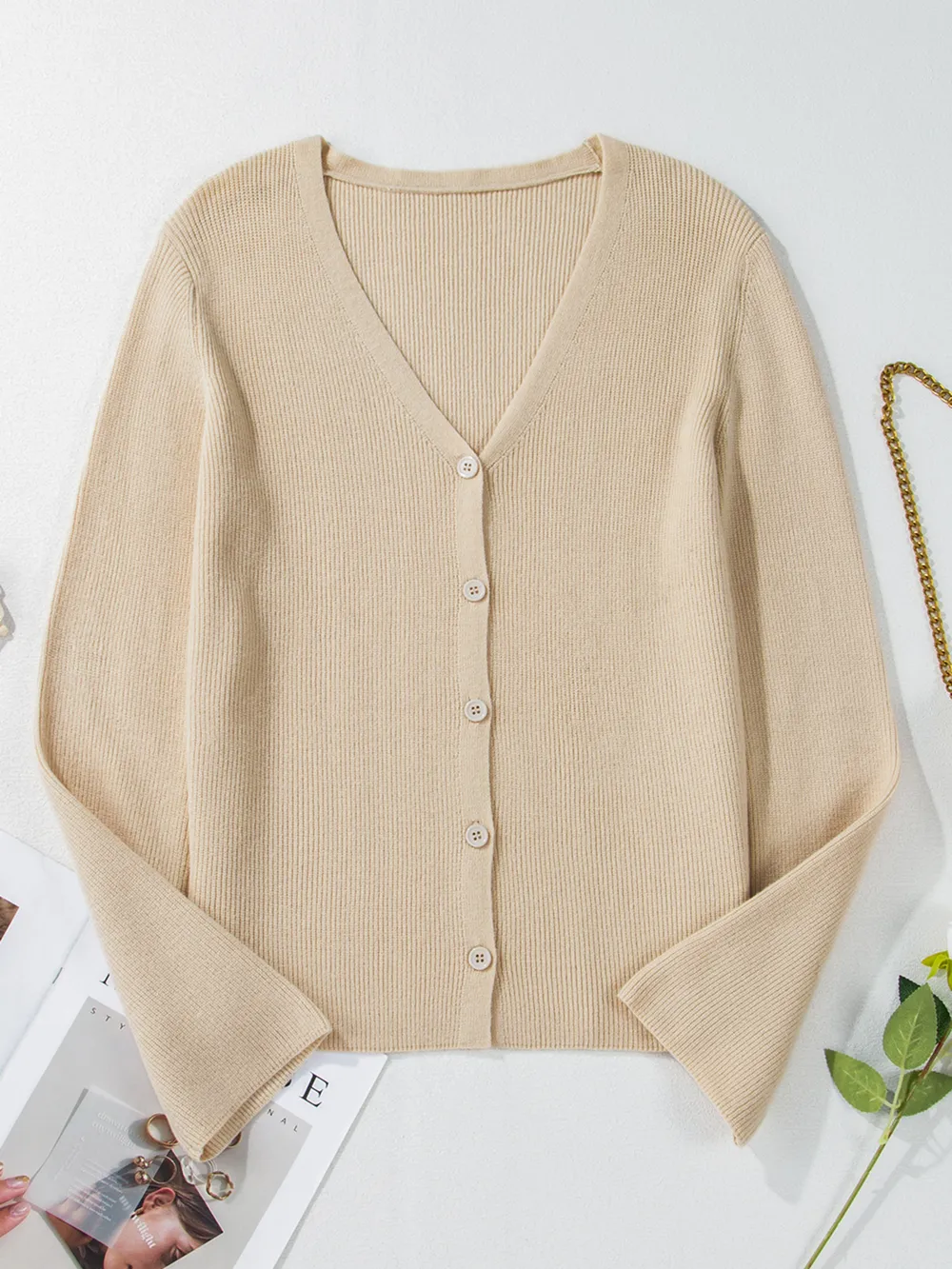 Ribbed Knit Button Front V Neck Cardigan, image 17