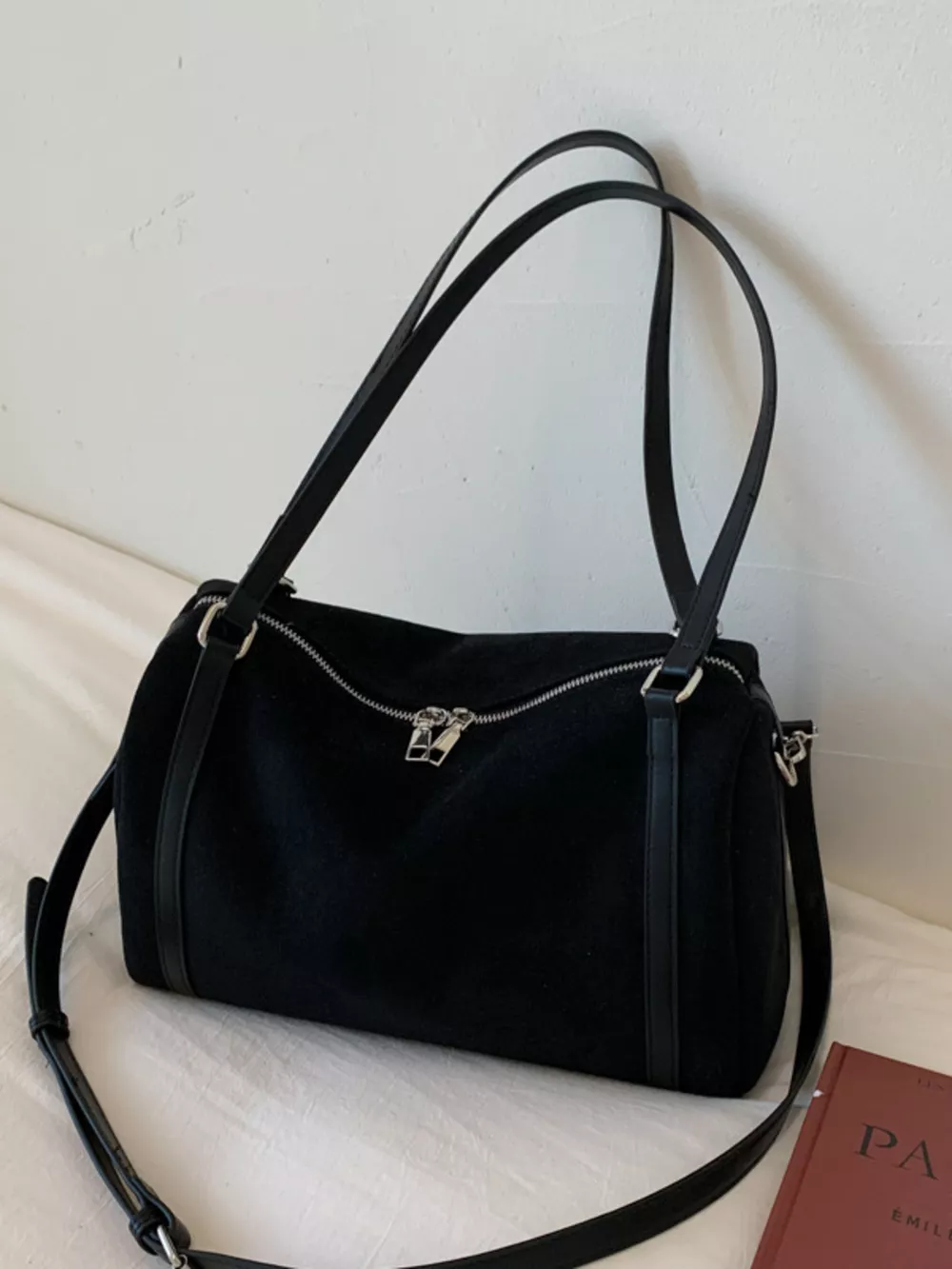 Suede Crossbody Bag with Zipper, image 2