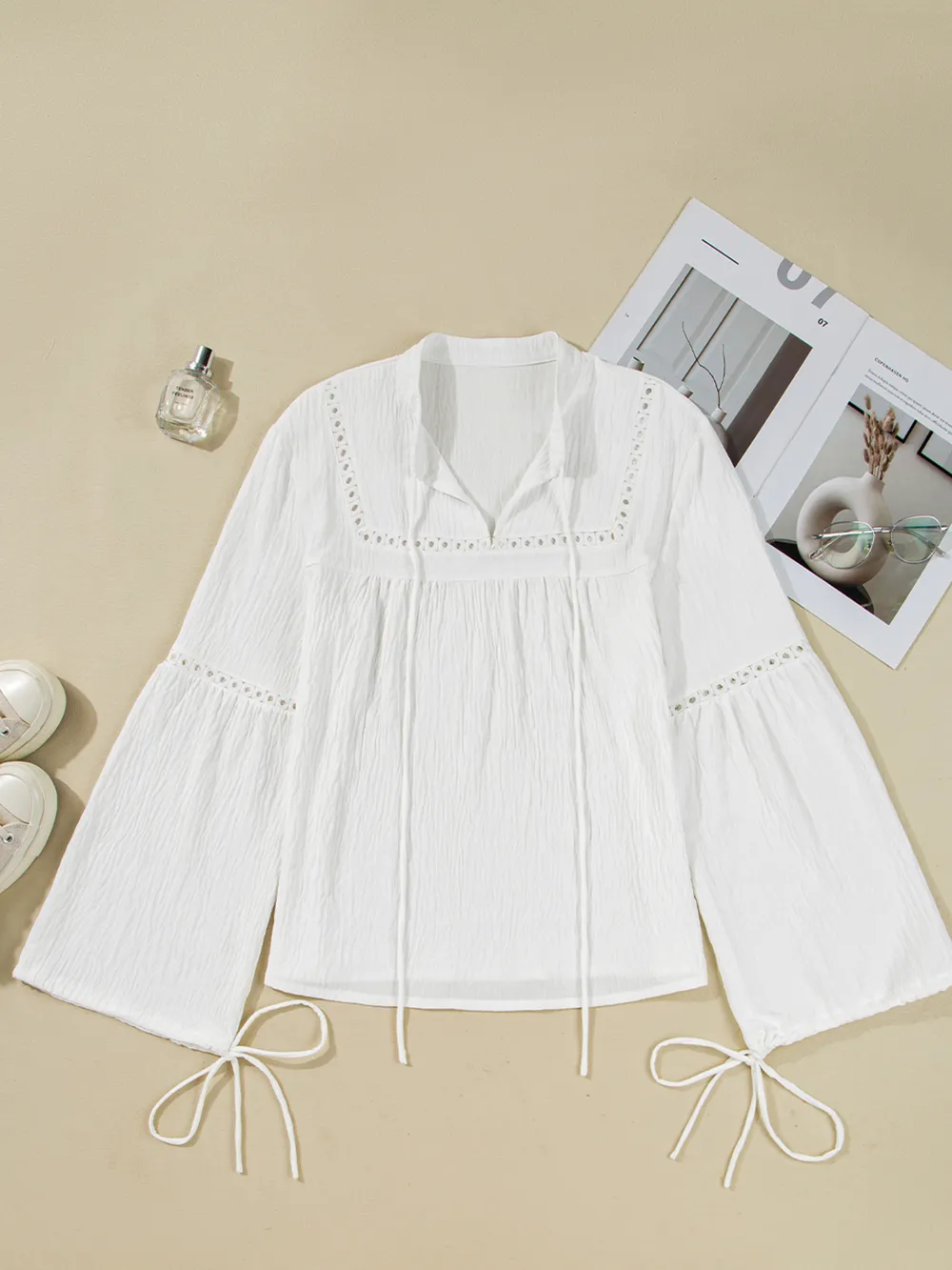 Drawstring Puff Sleeve Tie Neck Blouse, image 4