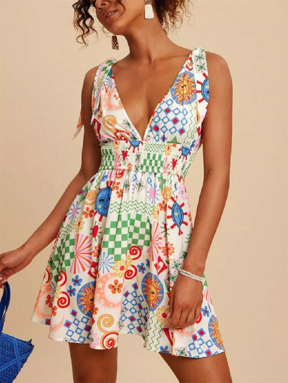 V-Neck Sleeveless Smocked Waist Printed Mini Dress, image 3