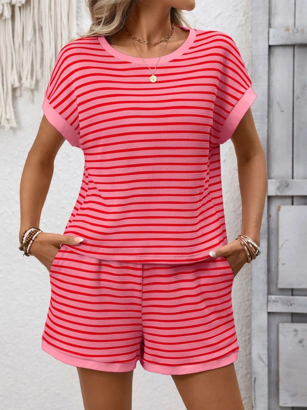 Striped Casual Round Neck Top and Shorts Set, image 13