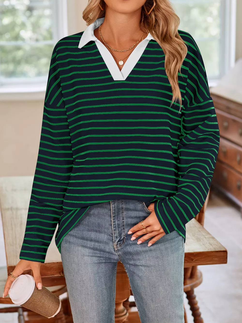 Oversized Striped Johnny Collar T-Shirt, image 11