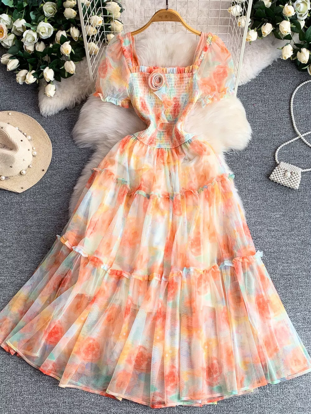 Smocked Floral Tiered Mesh Midi Dress, image 2