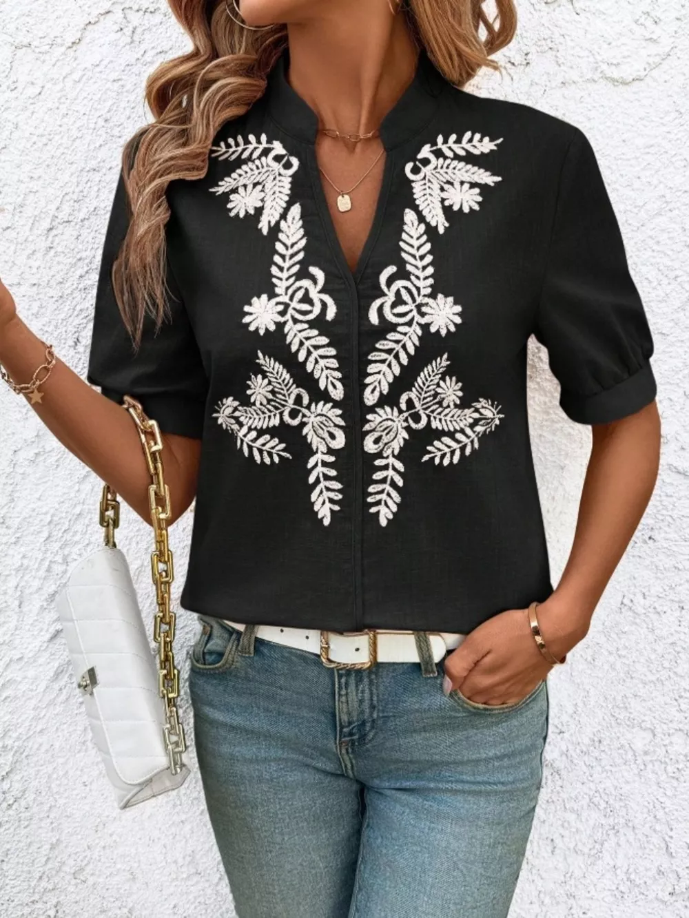 Embroidered Notched Short Sleeve Blouse, image 17