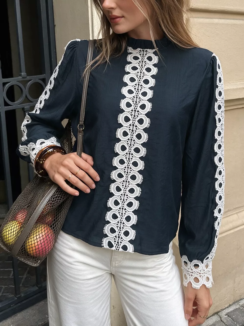 Lace Trim Long Sleeves Blouse