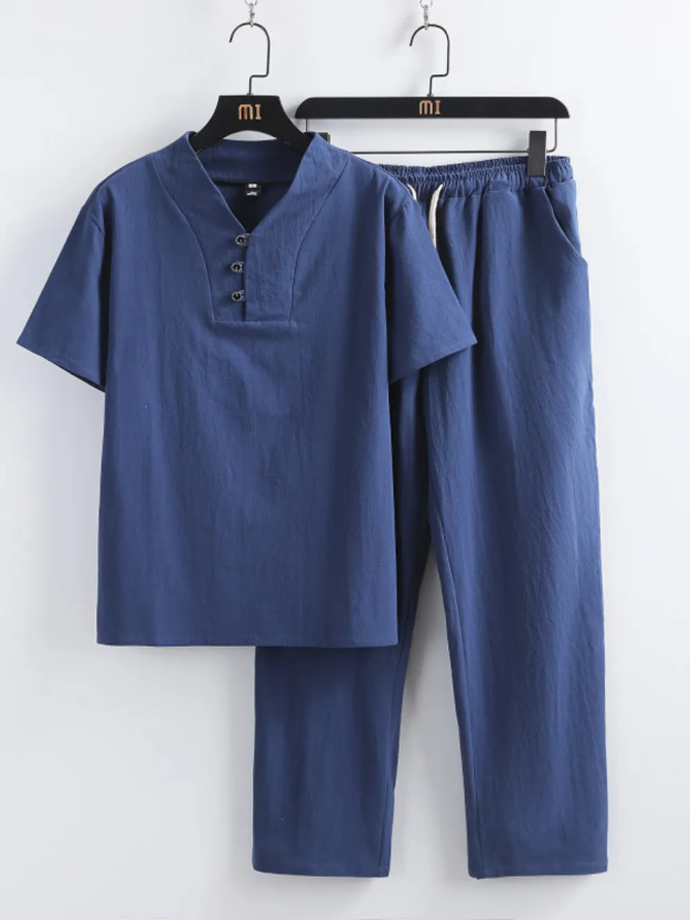 Men's Plus Size V-Neck Short Sleeve Top and Pants Set, image 3