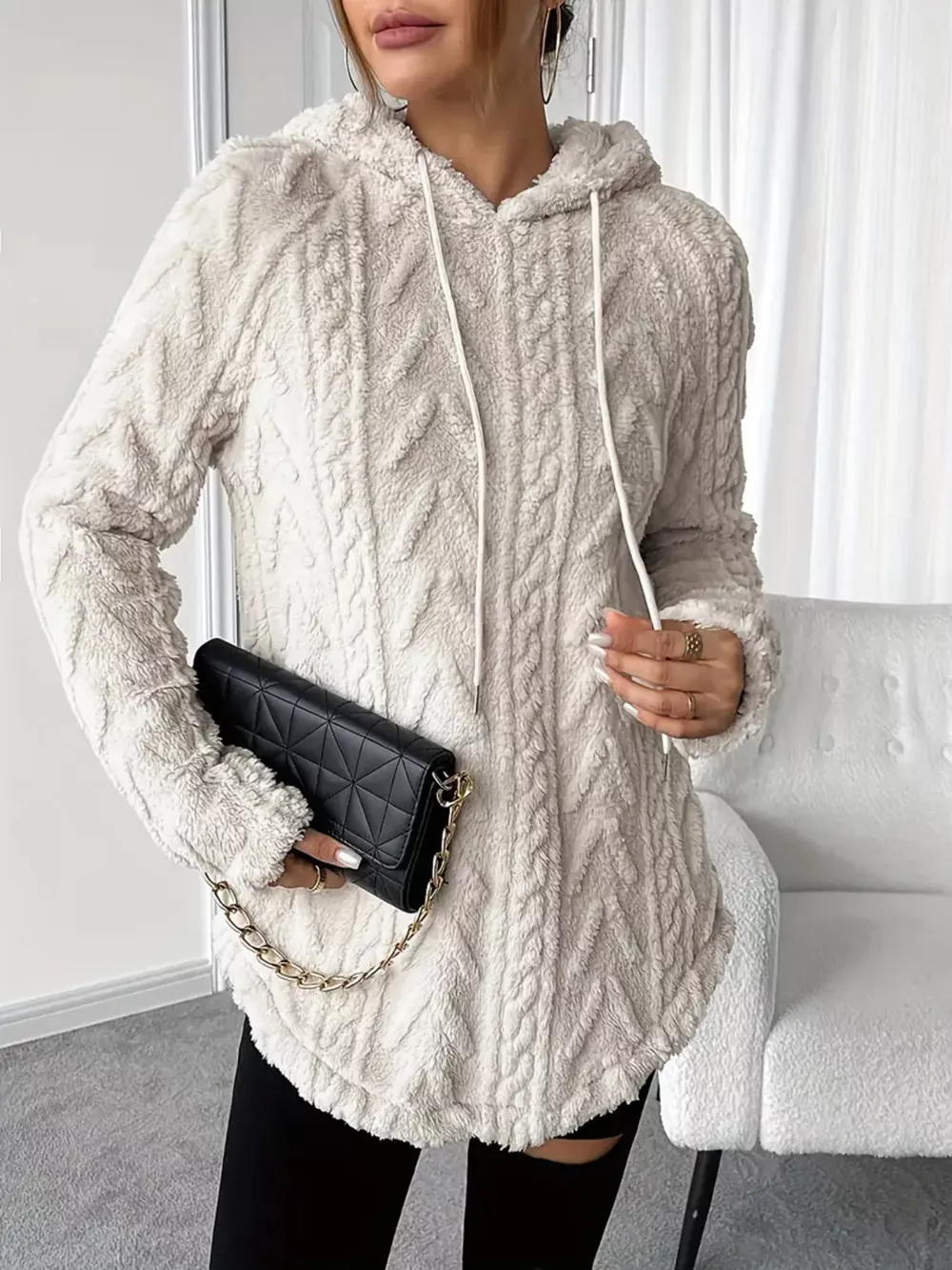 Cozy Textured Drawstring Fleece Hoodie, image 2