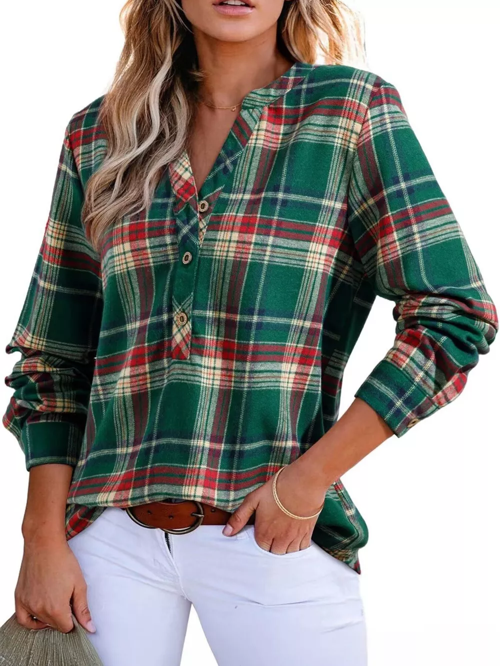 Plaid Half Button Long Sleeve Blouse, image 17
