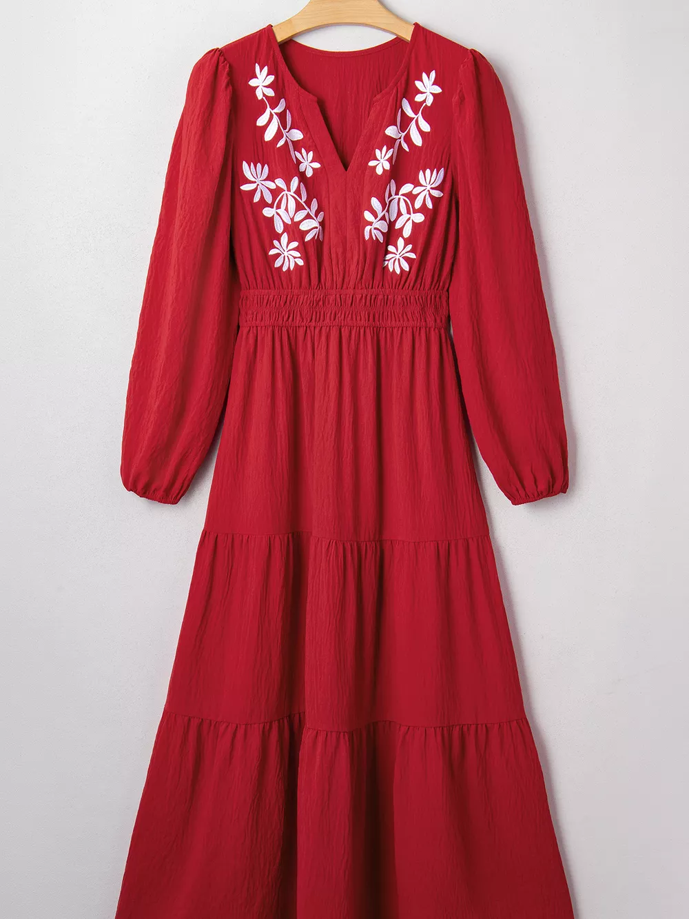 Contrast Embroidered Detail Cinched Waist Tiered Long Sleeve Maxi Dress, image 2