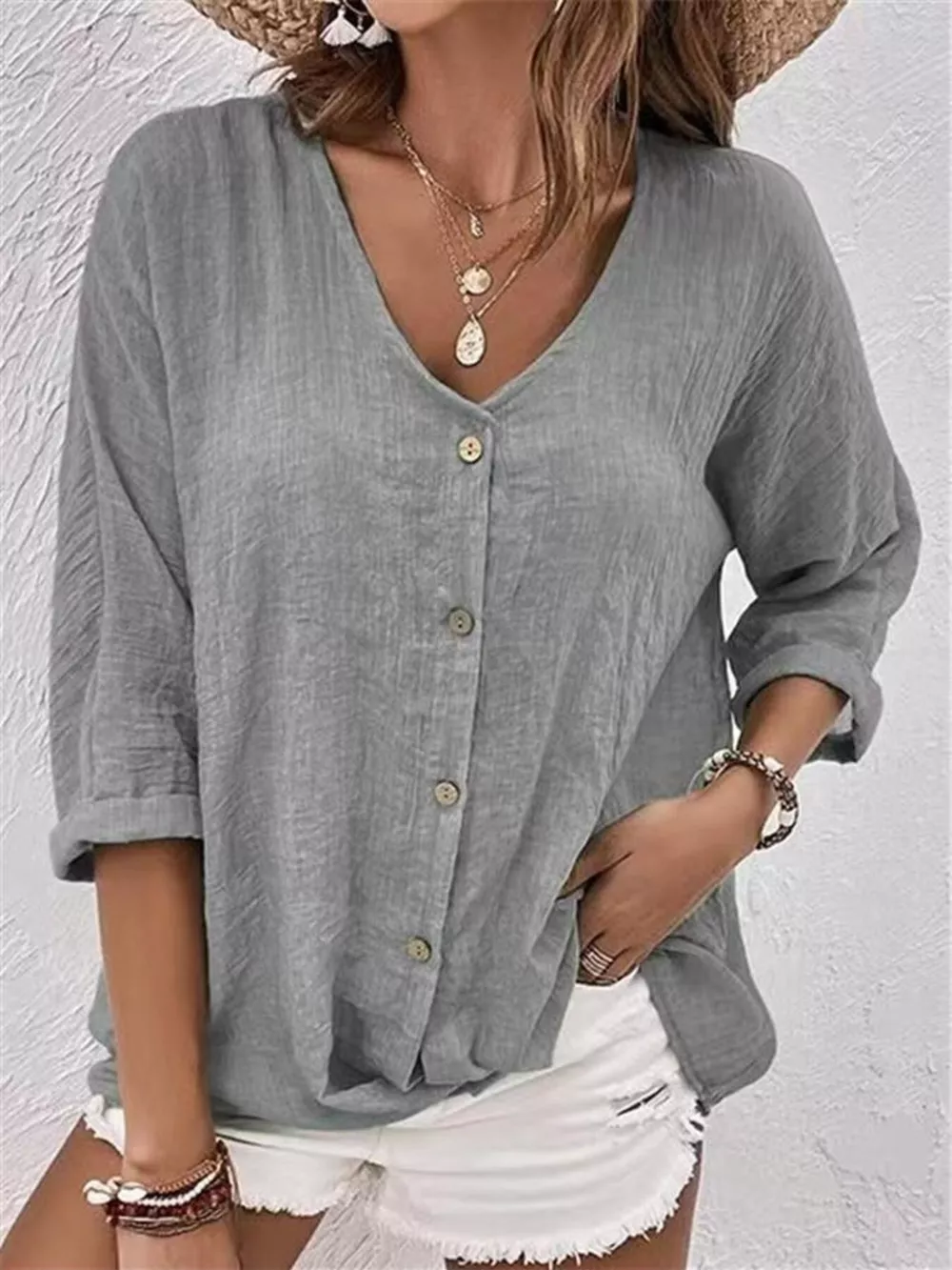 Full Size Casual V-Neck Button-Down Blouse Plus Size, image 6