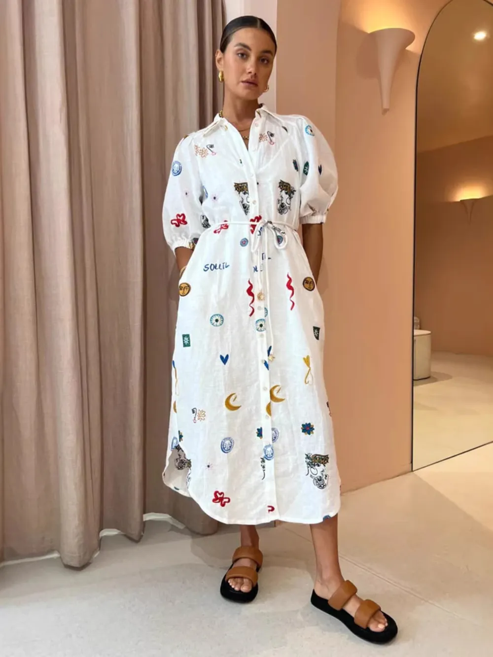 Printed Button Up Midi Shirt Dress, image 5