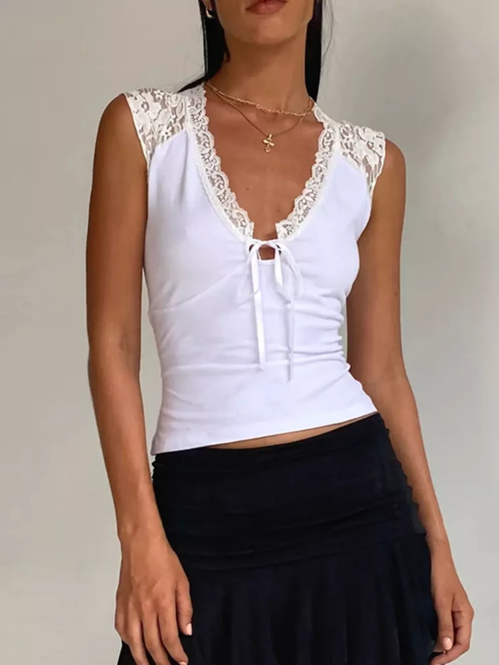 Lace Trim V-Neck Sleeveless Tank Top with Front Tie, image 2