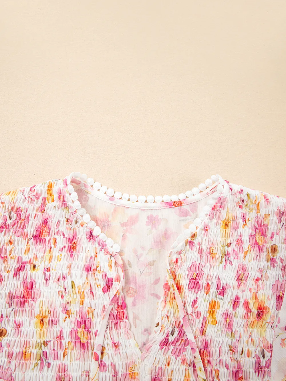 Floral Print Tassel Tie Smocked Puff Sleeve Blouse, image 5