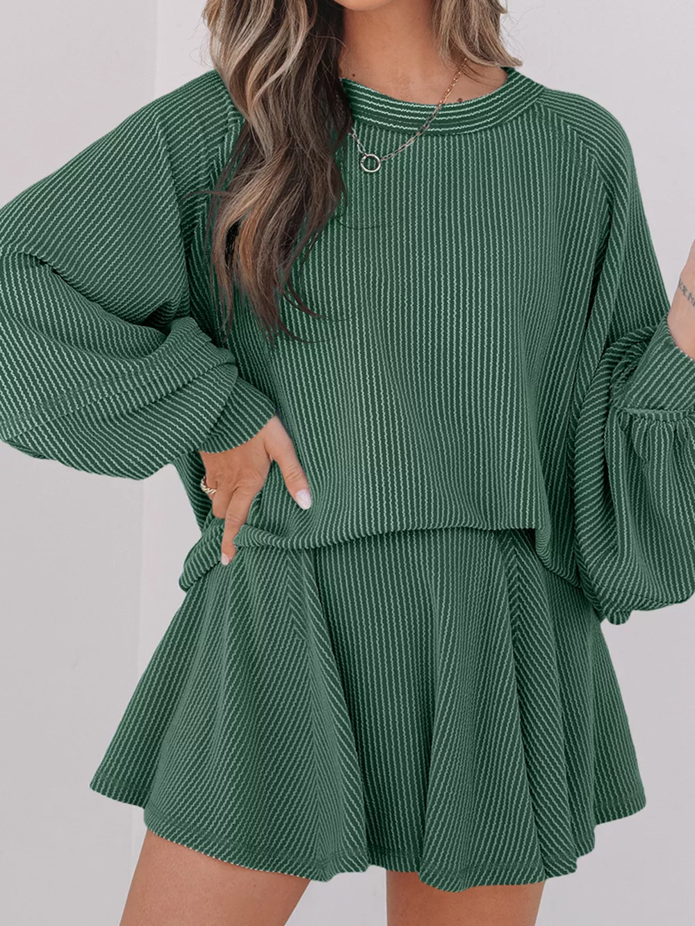 Corded Lantern Sleeve Top and High Waist Mini Skirt Set, image 4