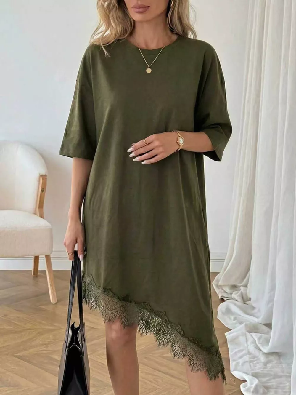 Lace Trim Asymmetrical Hem T-shirt Dress, image 13