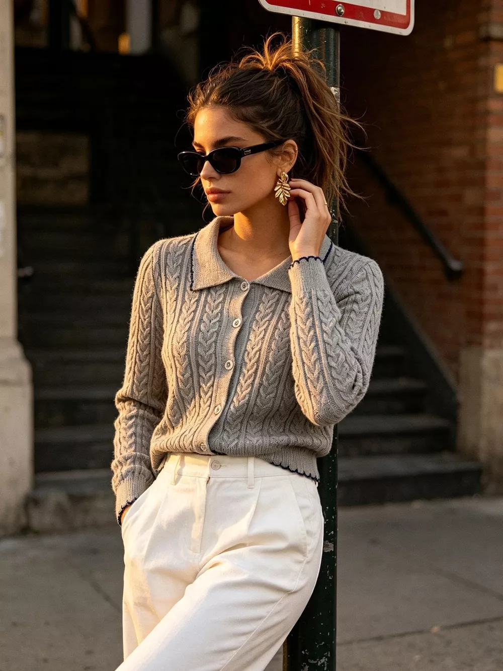 Cable Knit Polo Collar Button-Up Cardigan, image 3