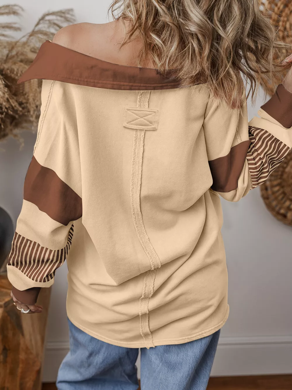 Color Block Striped Patchwork Sequin Rugby Graphic Polo Sweatshirt, image 7