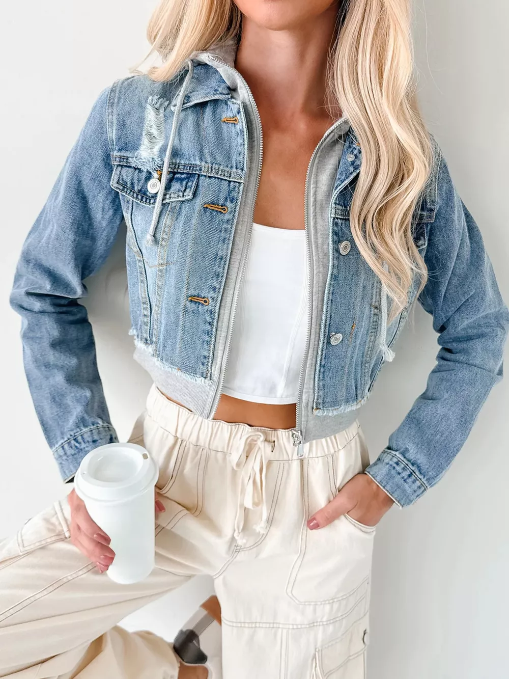 Distressed Zip Up Cropped Hooded Denim Jacket, image 7