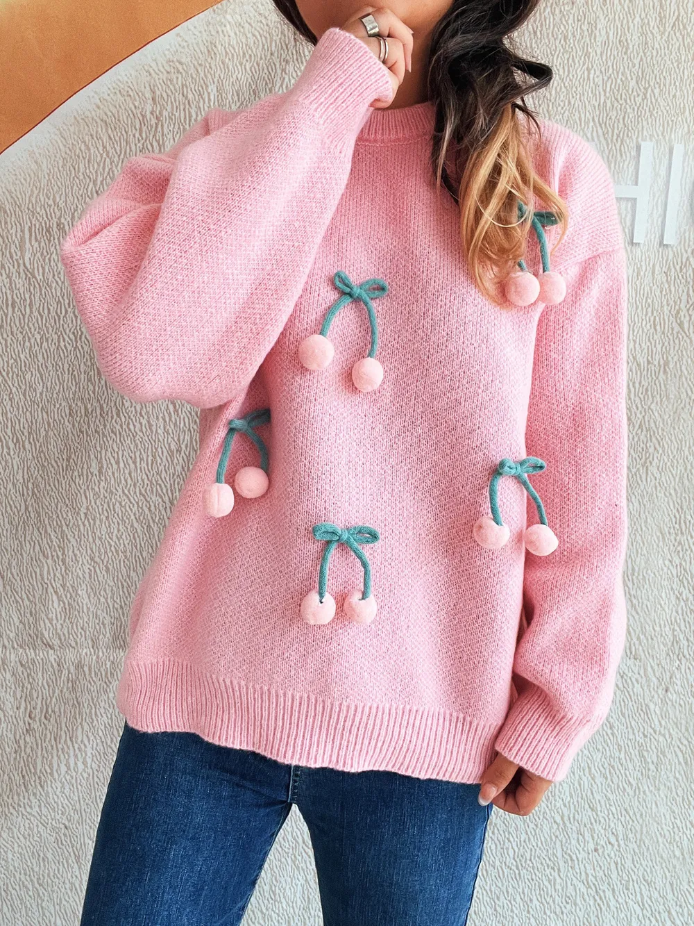 Cherry Round Neck Long Sleeve Sweater, image 12