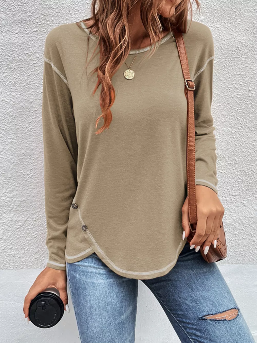 Casual Long Sleeve Exposed Seam T-Shirt with Decor Button, image 11