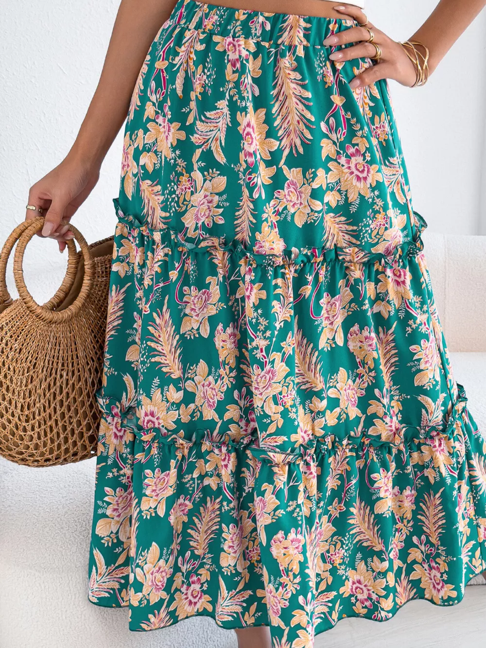 Floral Print Ruffle Hem Flowy Midi Skirt, image 8