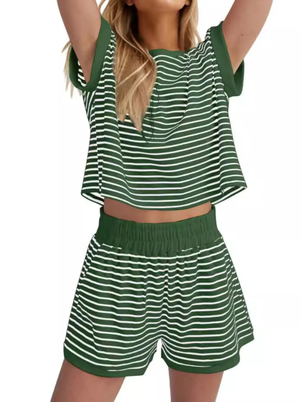 Full Size Contrast Striped T-Shirt and Shorts Set Plus Size, image 7