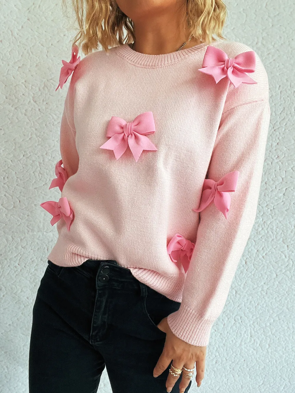 Bow Round Neck Long Sleeve Sweater, image 8