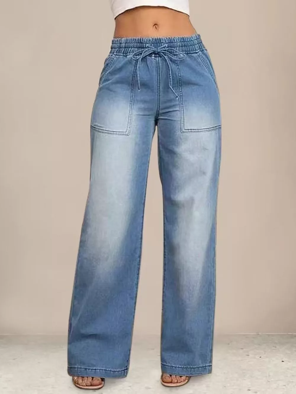 Drawstring Waist Wide Leg Jeans, image 5