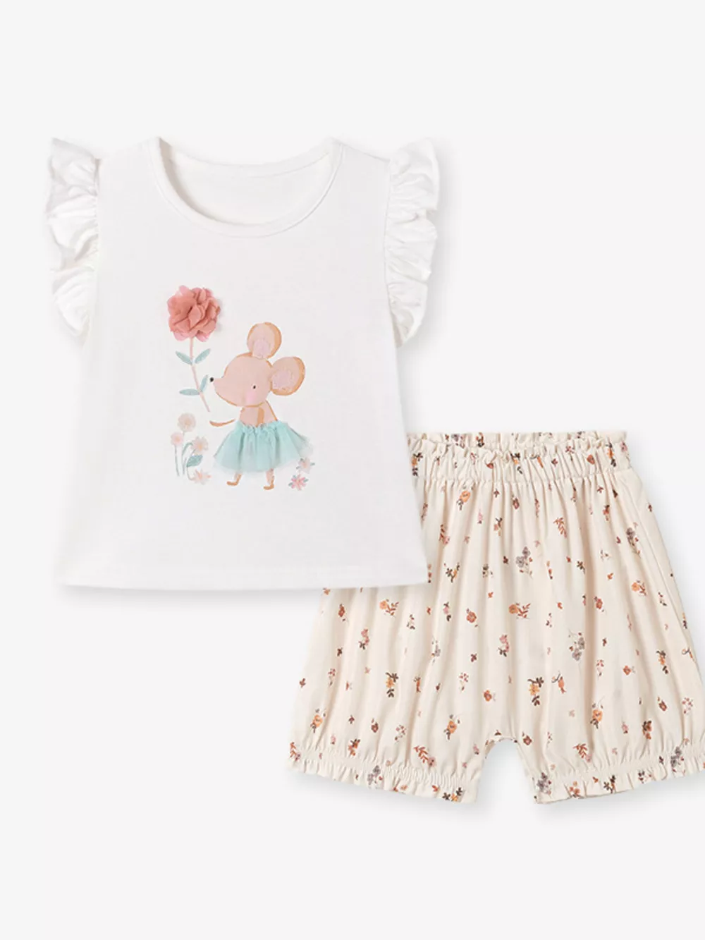 Children's Mouse Ruffle Sleeve Top & Floral Print Shorts Set, image 4