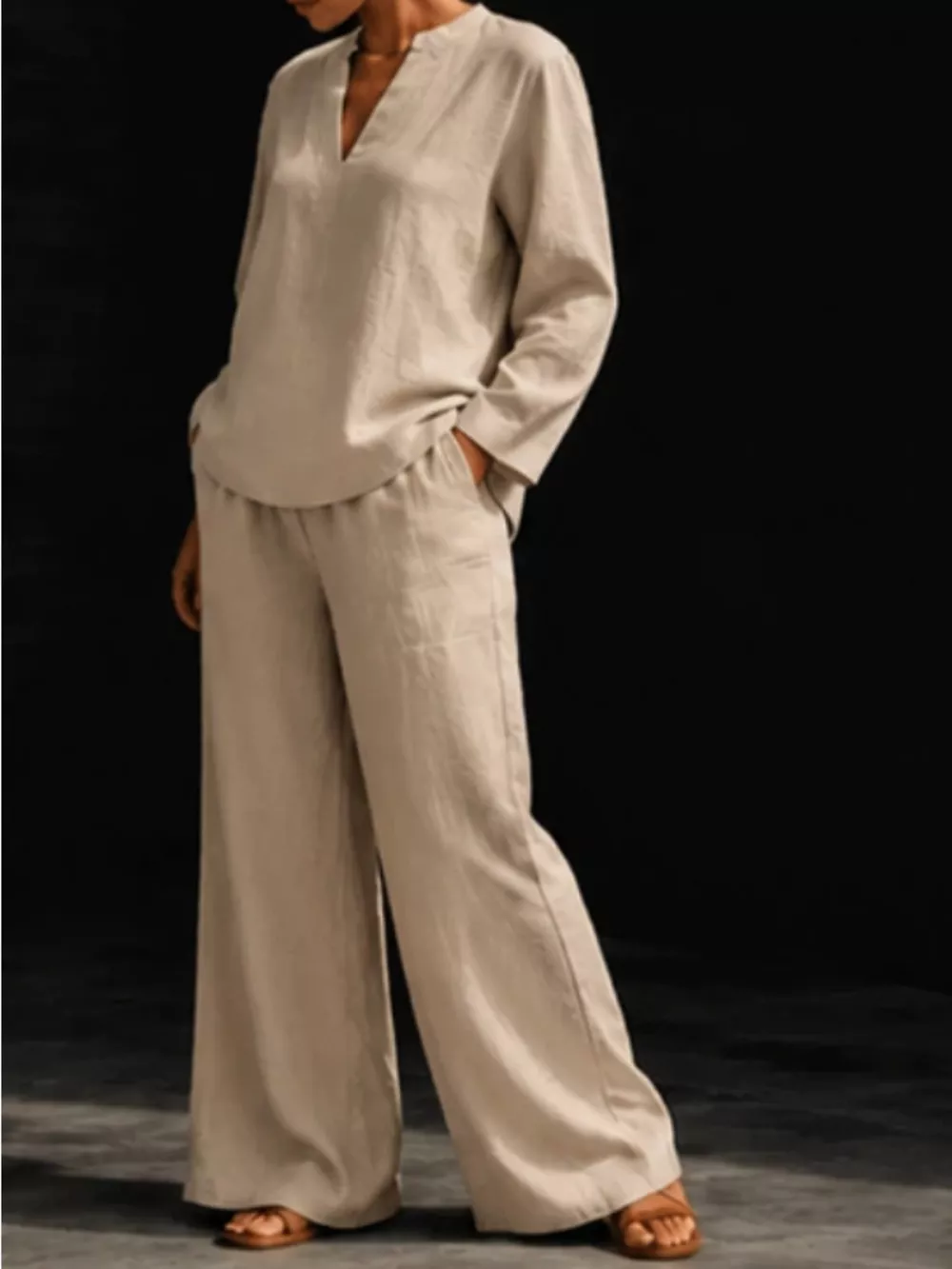 Notched Long Sleeve Top and Pants Set, image 13