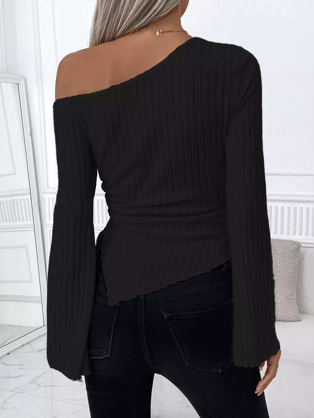 Ribbed One Shoulder Asymmetrical Hem T-Shirt, image 11
