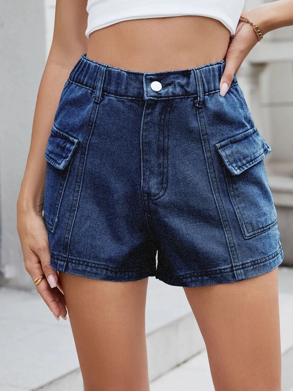 High Waist Cargo Denim Shorts, image 16