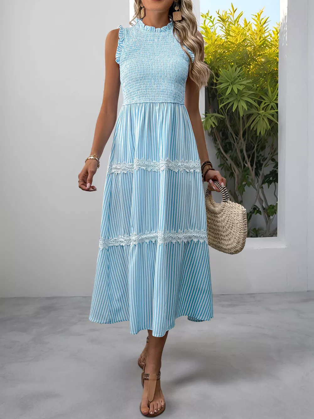 Striped Smocked Sleeveless Tiered Midi Dress, image 7