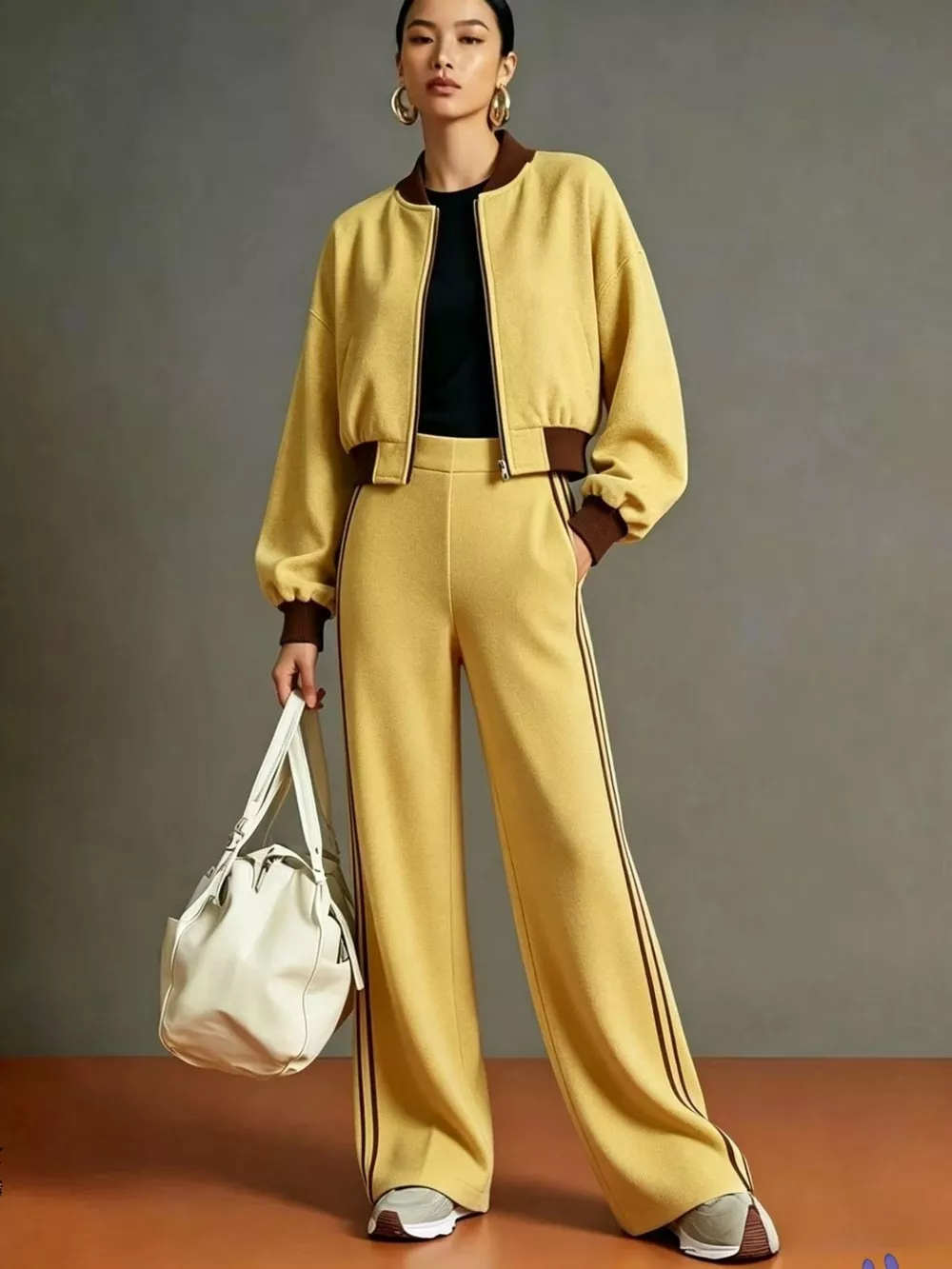 Contrast Ribbed Jacket and Wide-Leg Pants Tracksuit Set, image 4
