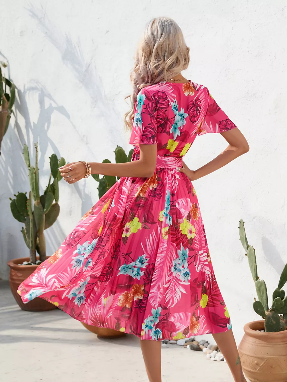 Pleated Tropical Print Belted Midi Dress, image 5