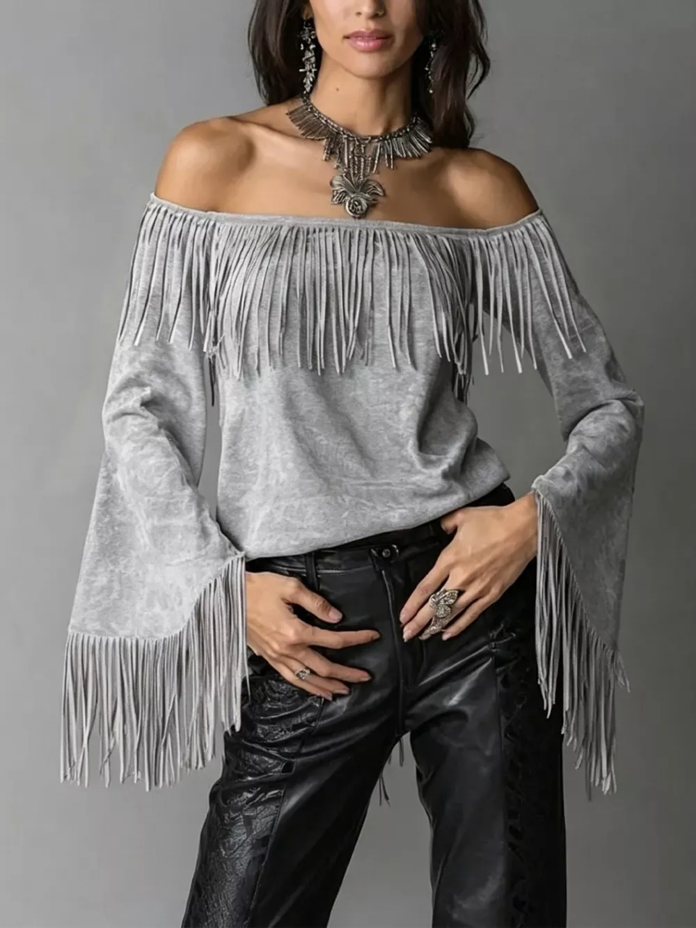 Boho Chic Off-Shoulder Fringed Suede Top, image 9