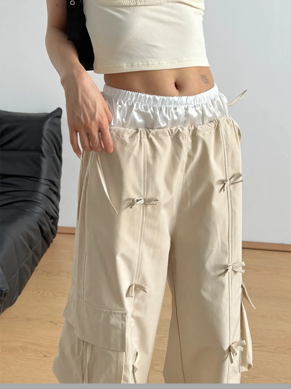 Cargo Wide Leg Pants with Bow Tie Details, image 2