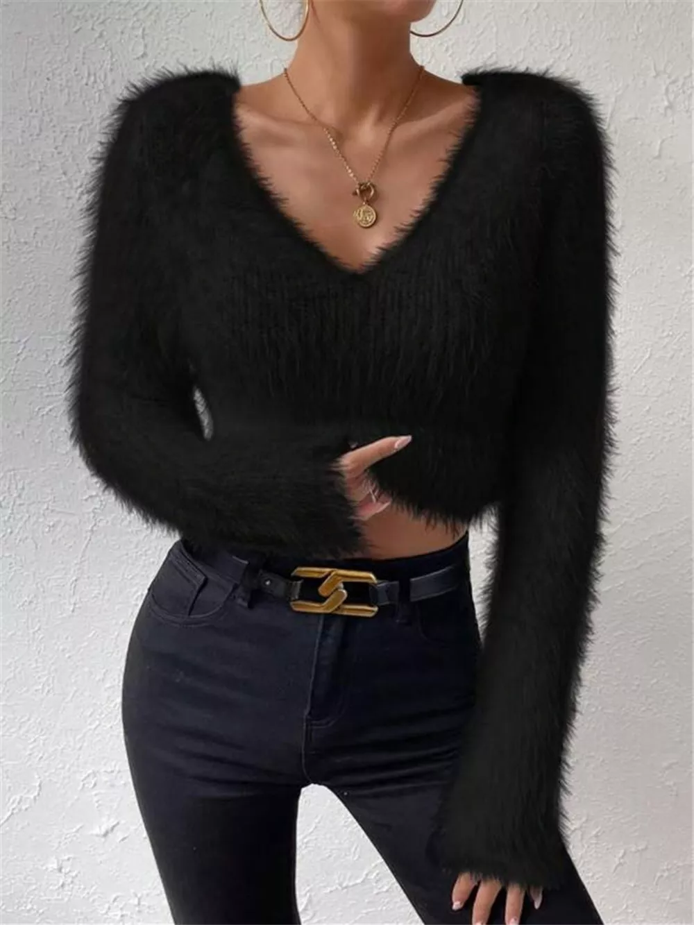 Fluffy Knit V-Neck Sweater, image 14
