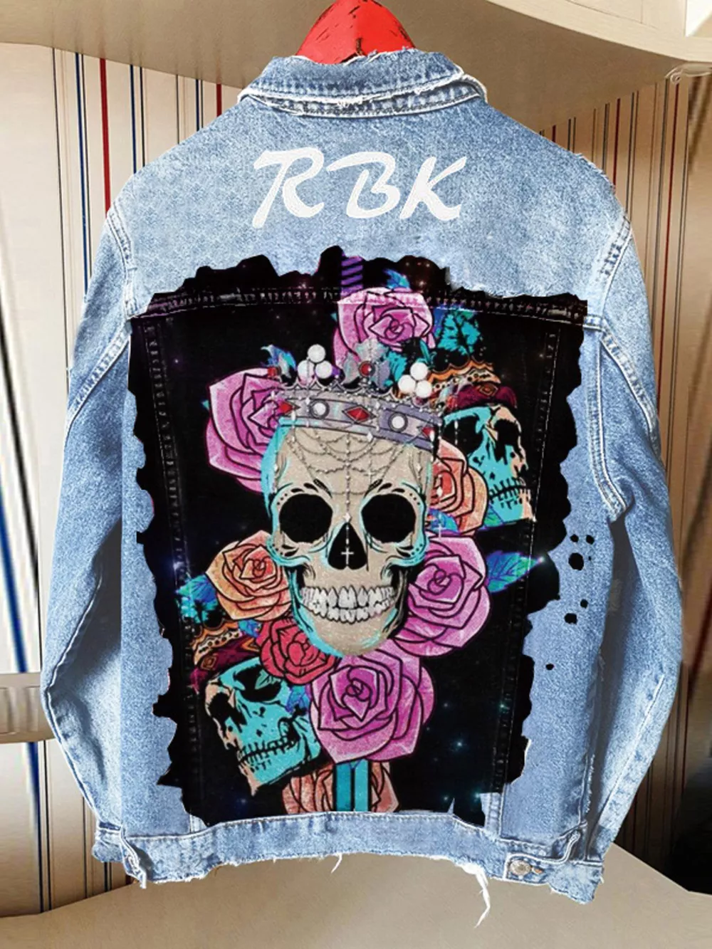 Full Size Skull and Rose Graphic Denim Jacket Plus Size, image 3