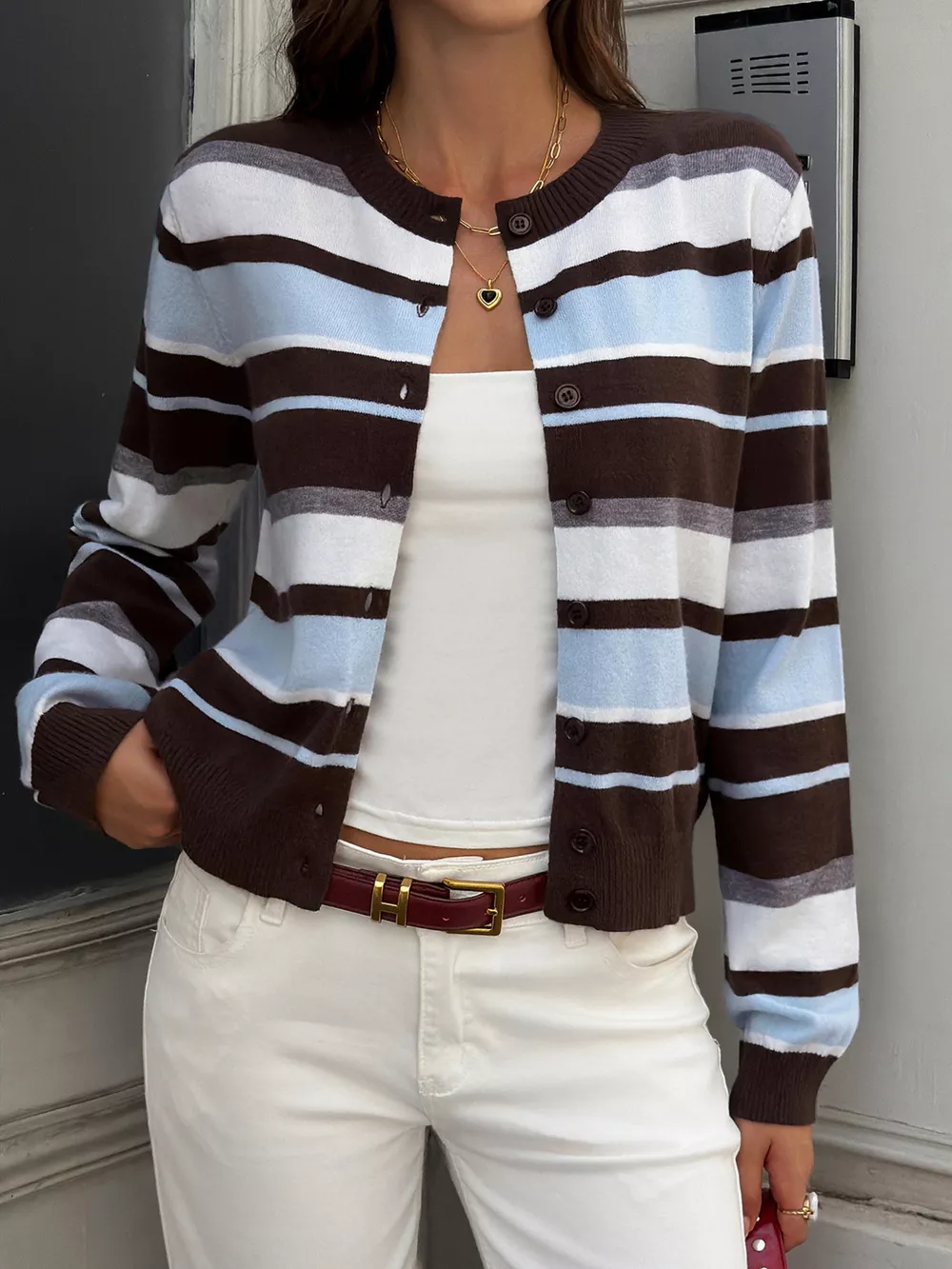 Striped Knit Button-Down Cardigan, image 2
